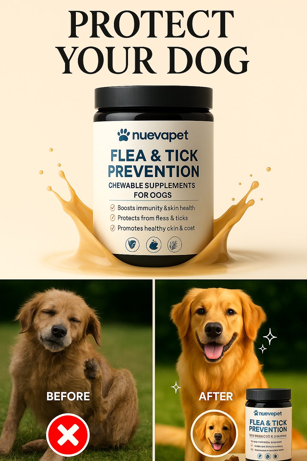 Nueva Pet™ Pawfect Shield+ Dog Flea & Tick Defender — 200 Vet-Formulated Soft Chews with Total-Body Vitamins